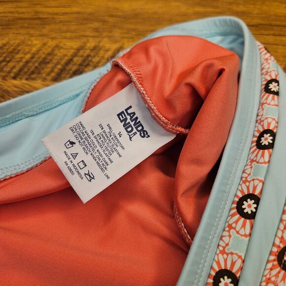 Lands End 2 piece high waisted Aqua Pink pattern swim sz 14 swimsuit - Picture 6 of 11
